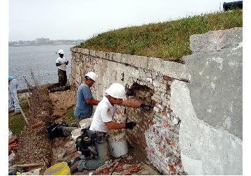 Masonry restoration at Fort Phoenix Rosendale cement